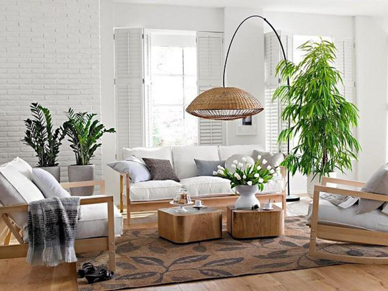 Thiết kế không gian phòng khách khi sử dụng sàn gỗ và cây xanh